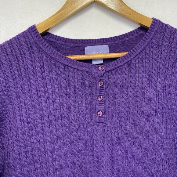 Laura Scott Cable Knit Henley Neck Pullover Sweater Women Size XL Purple Stretch - Picture 12 of 16